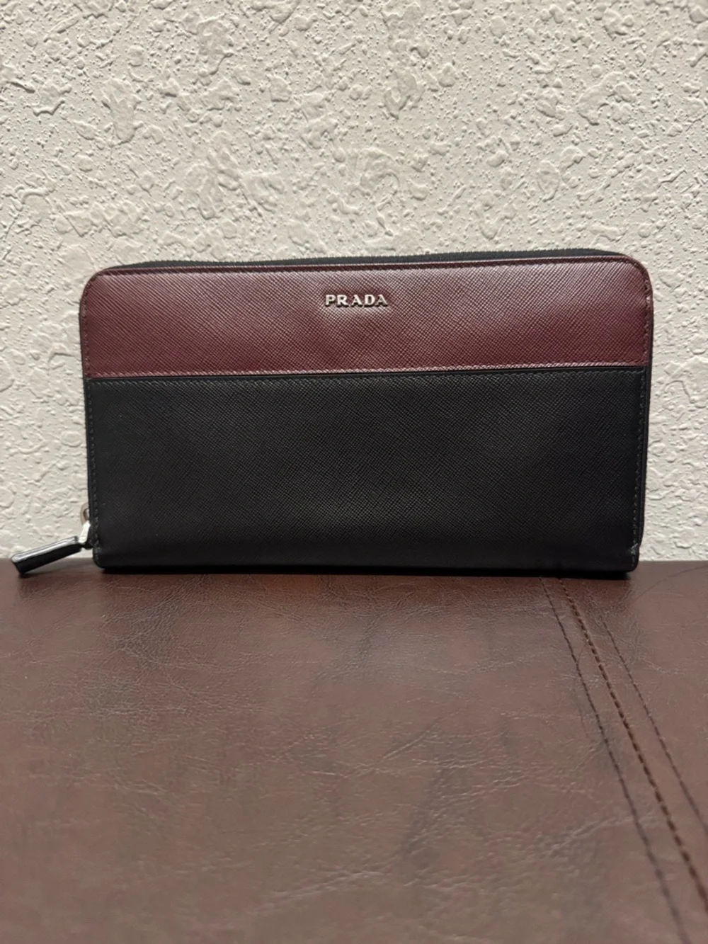 PRADA Two-Tone Zip Wallet in Burgundy and Black